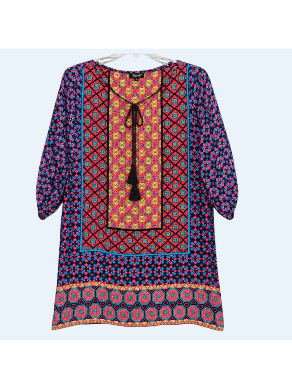 Tolani Tunic Blouse Womens S 100% Silk Paisley Boho Multicolor Tassel Ruched Sle